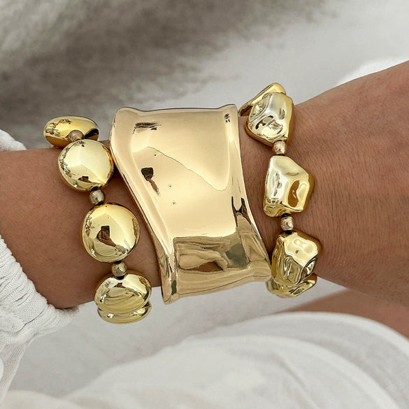 Alloy Wide Geometric Beaded Bracelet With Electroplating Treatment Irregular Baroque Style For Female