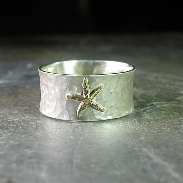 Alloy Widefaced Ring With Starfish And Geometric Design Simple Style Women's Fashion Jewelry