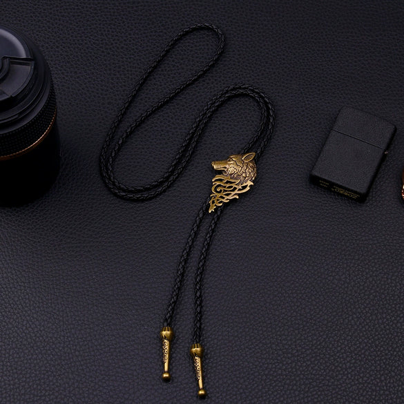 Alloy Wolf Head Pendant Necklace With Wax Rope Chain Electroplated Unisex Vintage Style