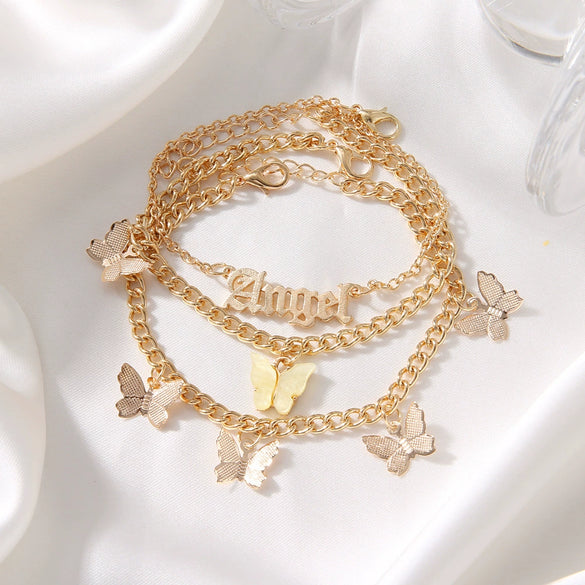 Alloy Women's Angel Butterfly Bow Anklet Multi Layer Pendant Foot Ornaments