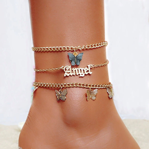 Alloy Women's Angel Butterfly Bow Anklet Multi Layer Pendant Foot Ornaments