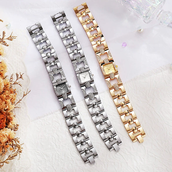 Alloy Women's Bracelet Watch Retro Style Square Strip Nailed Diamond Steel Band