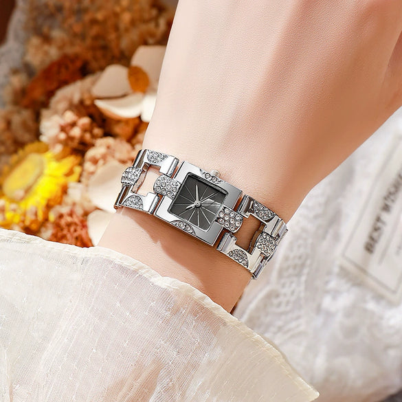 Alloy Women's Bracelet Watch Retro Style Square Strip Nailed Diamond Steel Band
