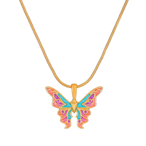 Alloy Women's Fantasy Rainbow Butterfly Pendant Necklace With Dripping Oil Design And Animal Pattern