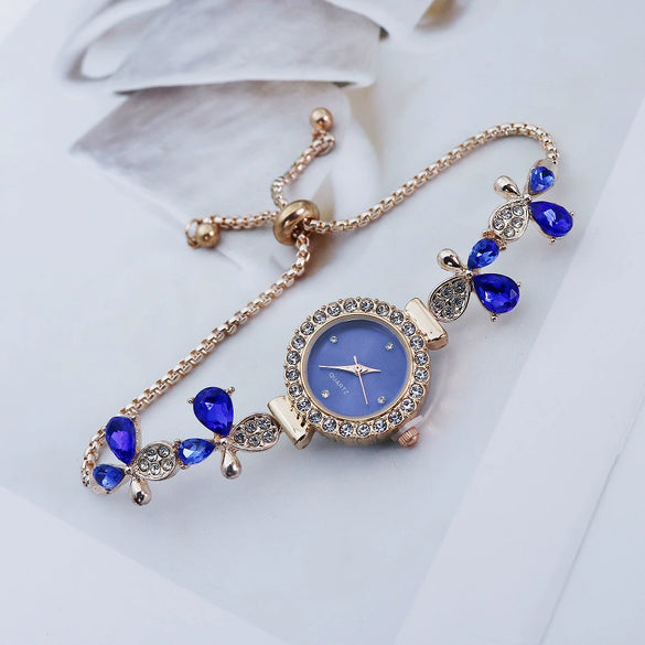 Alloy Women's Fashionable Round Dial Pointer Watch With Petal Leaves Butterfly Design