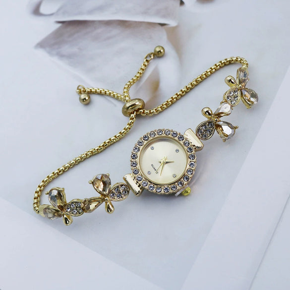 Alloy Women's Fashionable Round Dial Pointer Watch With Petal Leaves Butterfly Design