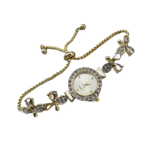 Alloy Women's Fashionable Round Dial Pointer Watch With Petal Leaves Butterfly Design
