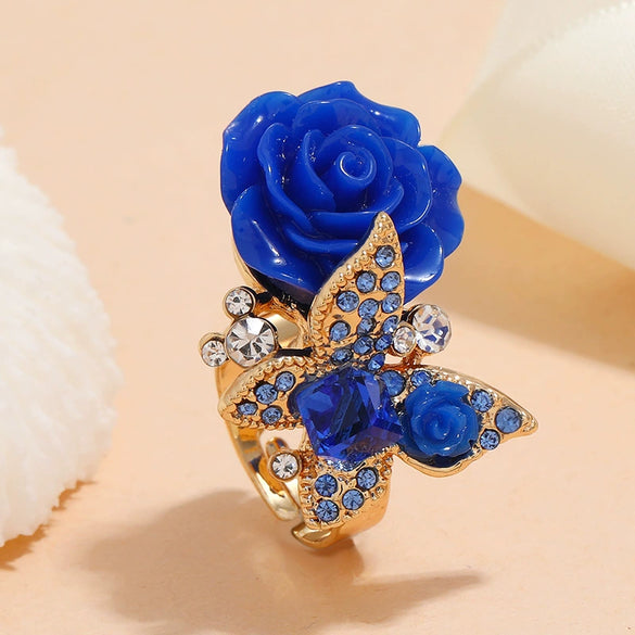 Alloy Women's Rose And Butterfly Ring With Flower Pattern And Diamond Design