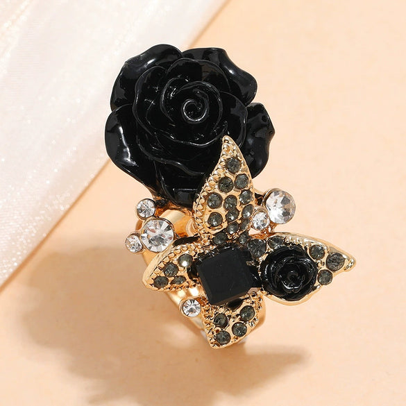 Alloy Women's Rose And Butterfly Ring With Flower Pattern And Diamond Design