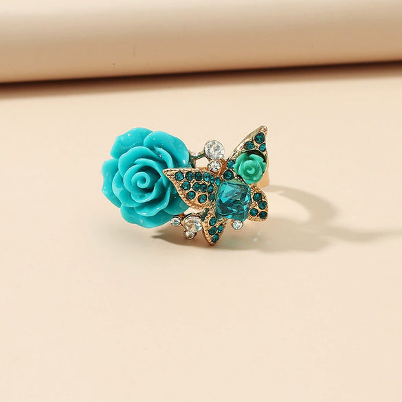 Alloy Women's Rose And Butterfly Ring With Flower Pattern And Diamond Design