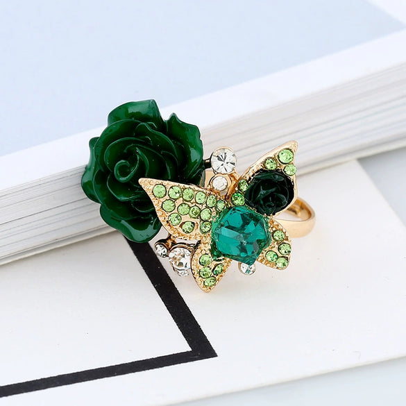 Alloy Women's Rose And Butterfly Ring With Flower Pattern And Diamond Design