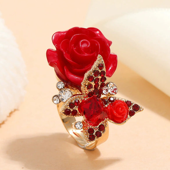 Alloy Women's Rose And Butterfly Ring With Flower Pattern And Diamond Design
