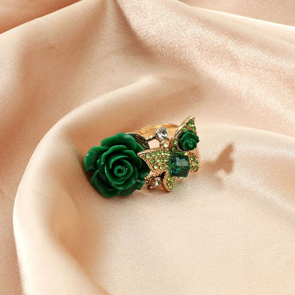 Alloy Women's Rose And Butterfly Ring With Flower Pattern And Diamond Design