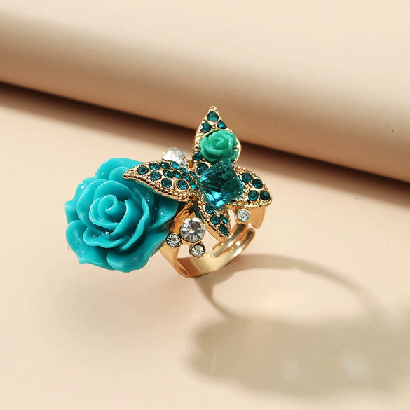 Alloy Women's Rose And Butterfly Ring With Flower Pattern And Diamond Design