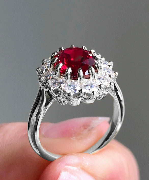 Alloy Women's Ruby Ring And Diamond Bracelet With Flower Pattern And Electroplating Treatment
