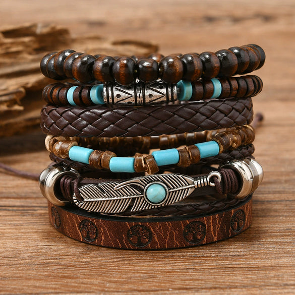Alloy Wood Beads Beaded Multilayer Vintage Flower Peacock Feather Heartshaped Handwoven Geometric Electroplated Unisex Bracelet