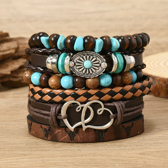 Alloy Wood Beads Beaded Multilayer Vintage Flower Peacock Feather Heartshaped Handwoven Geometric Electroplated Unisex Bracelet