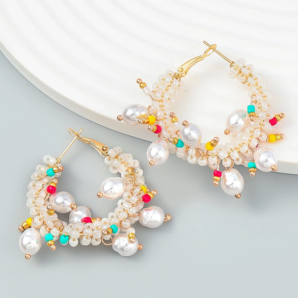 Alloy Woven Flower And Geometric Imitation Pearl Earrings For Women