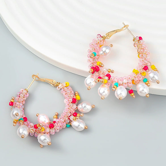 Alloy Woven Flower And Geometric Imitation Pearl Earrings For Women