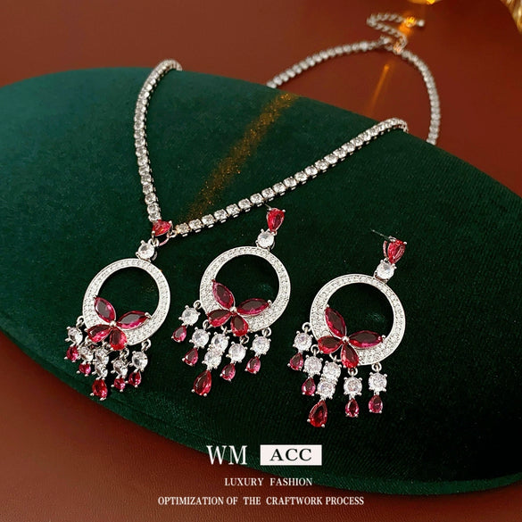 Alloy Zircon Butterfly Water Drop Earrings And Necklace Set Electroplated Highend Fashion Jewelry For Women