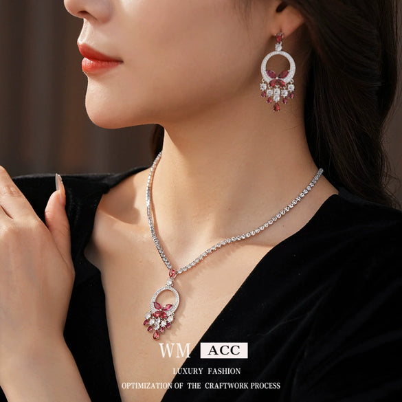 Alloy Zircon Butterfly Water Drop Earrings And Necklace Set Electroplated Highend Fashion Jewelry For Women