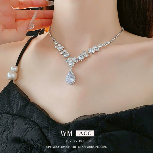 Alloy Zircon Inlaid Water Drop Earrings And Necklace Twopiece Women's Light Luxury Highend Jewelry