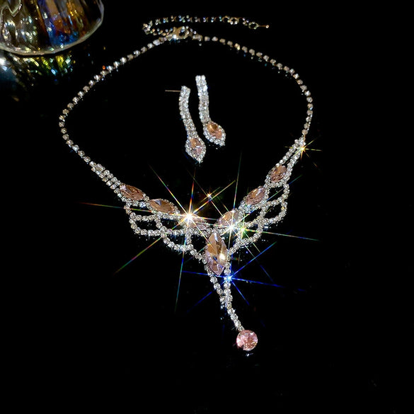 Alloy Zircon Inlaid Water Drop Earrings And Necklace Twopiece Women's Light Luxury Highend Jewelry