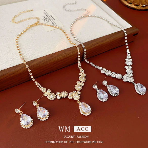 Alloy Zircon Inlaid Water Drop Earrings And Necklace Twopiece Women's Light Luxury Highend Jewelry