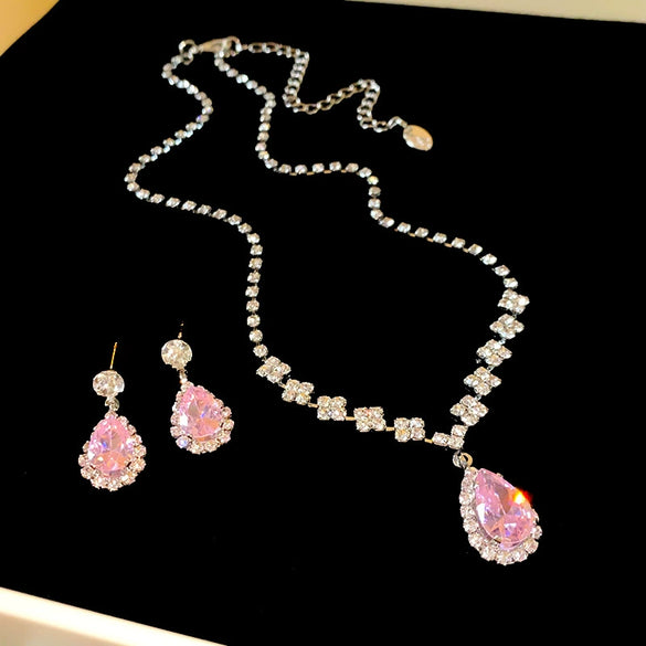 Alloy Zircon Inlaid Water Drop Earrings And Necklace Twopiece Women's Light Luxury Highend Jewelry