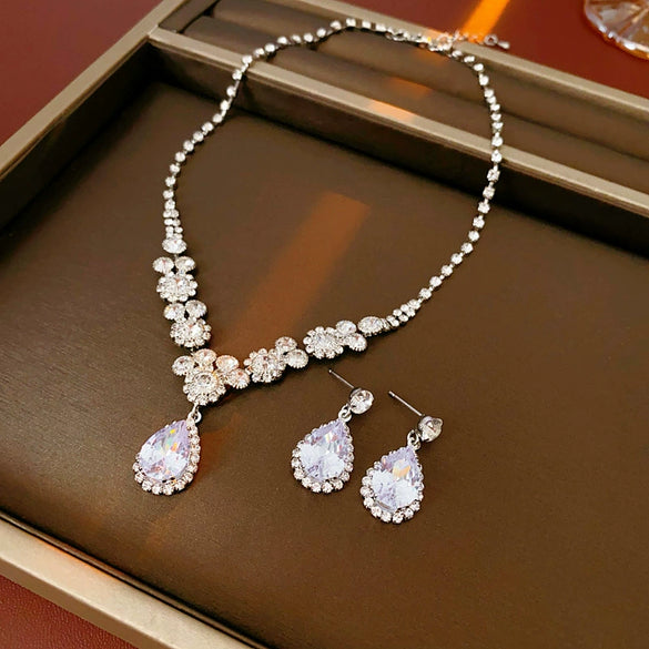 Alloy Zircon Inlaid Water Drop Earrings And Necklace Twopiece Women's Light Luxury Highend Jewelry
