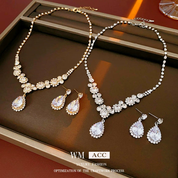 Alloy Zircon Inlaid Water Drop Earrings And Necklace Twopiece Women's Light Luxury Highend Jewelry