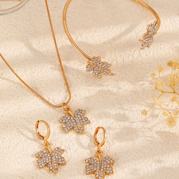 Alloy Zircon Maple Leaf Pendant Set Electroplated Women's Jewelry Necklace Earrings