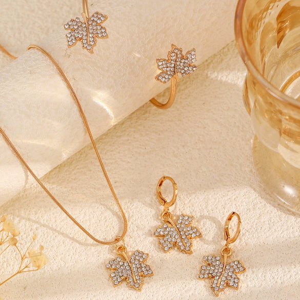 Alloy Zircon Maple Leaf Pendant Set Electroplated Women's Jewelry Necklace Earrings