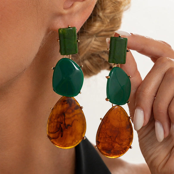 Ambertoned Resin Geometric Stud Earrings With Square And Teardrop Shapes Electroplated Finish And Steel Posts