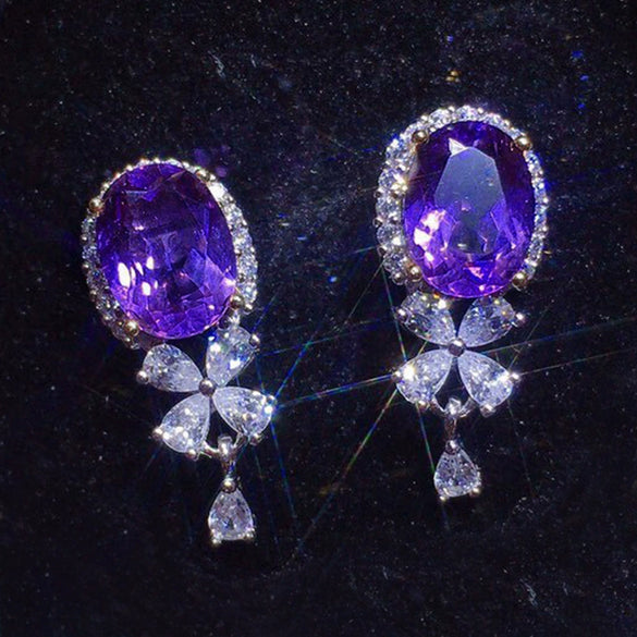 Amethyst Earrings Copper Flowers Style
