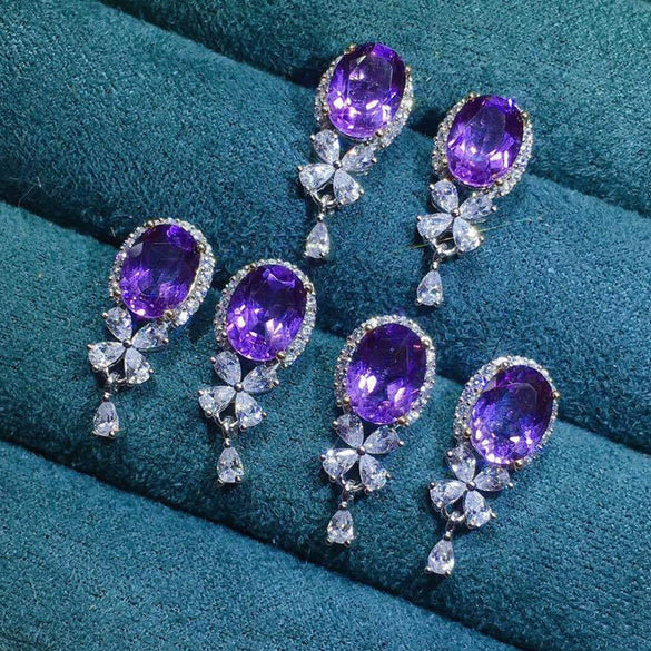 Amethyst Earrings Copper Flowers Style