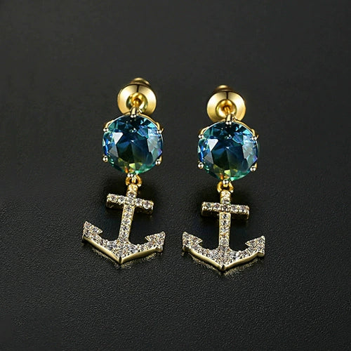 Anchorshaped Electroplated Copper Stud Earrings With Colorful Zircon And Tourmalineinspired Geometric Design For Women