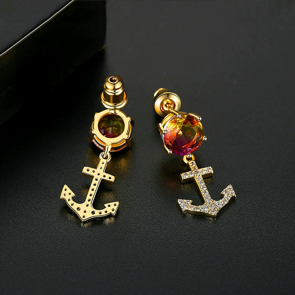 Anchorshaped Electroplated Copper Stud Earrings With Colorful Zircon And Tourmalineinspired Geometric Design For Women