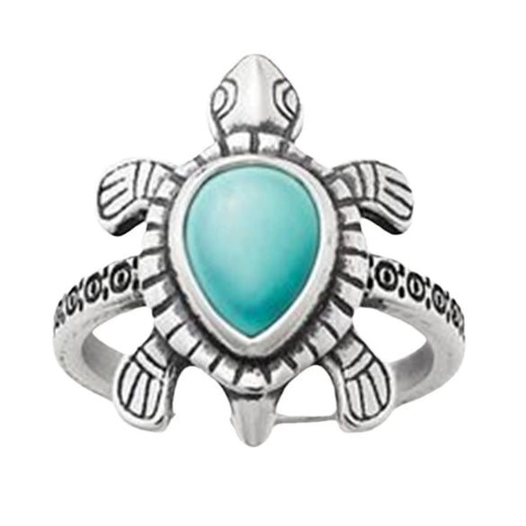 Ancient Silver Tone Turtle Animal Ring With Blue Turquoise Inlay Electroplated Metal Fashion Jewelry For Unisex