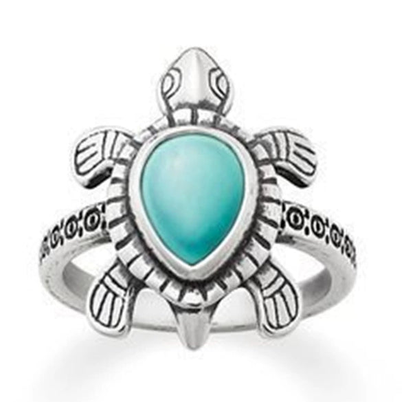 Ancient Silver Tone Turtle Animal Ring With Blue Turquoise Inlay Electroplated Metal Fashion Jewelry For Unisex