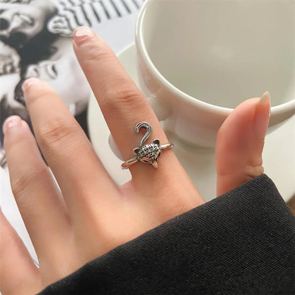 Animal Retro 925 Sterling Silver Ring Female Snake Cat Elephant Special-Interest Design Niello Jewelry Open-End Personality Ring No