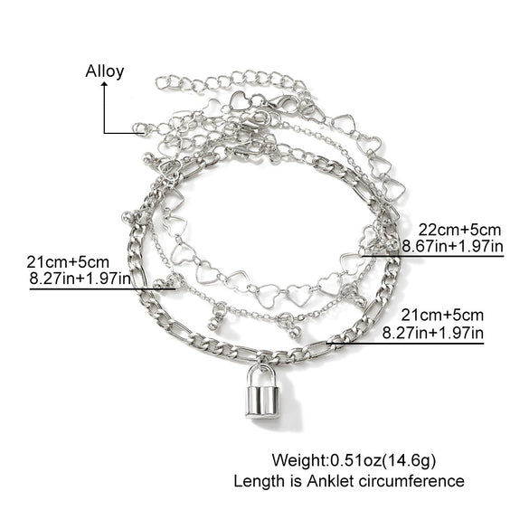 Anklet Alloy Geometric Heart Shaped Love Multi Layer Tassel Chain Lock Pendant Unisex
