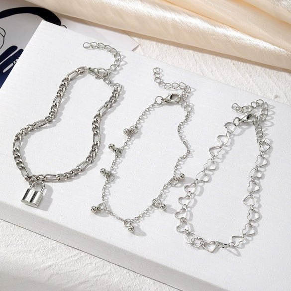 Anklet Alloy Geometric Heart Shaped Love Multi Layer Tassel Chain Lock Pendant Unisex