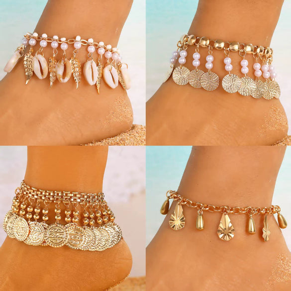 Anklet Alloy Shell Leaves Artificial Gemstones Semiprecious Stones Retro Bohemian Style For Women