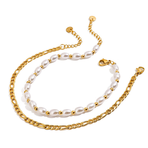 Anklet Glass Pearl Titanium Steel 18K Gold Geometric Style Double Layer