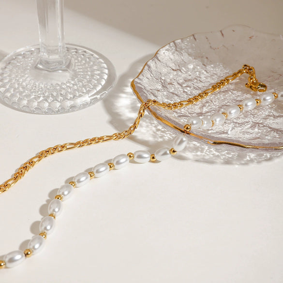 Anklet Glass Pearl Titanium Steel 18K Gold Geometric Style Double Layer