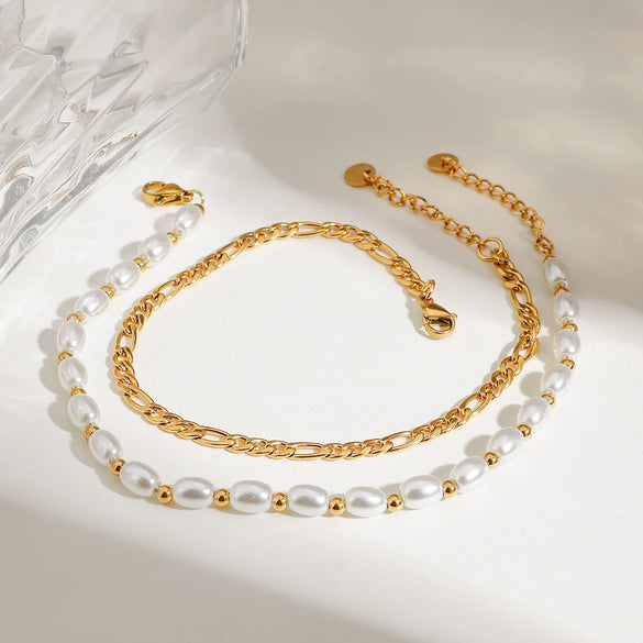 Anklet Glass Pearl Titanium Steel 18K Gold Geometric Style Double Layer