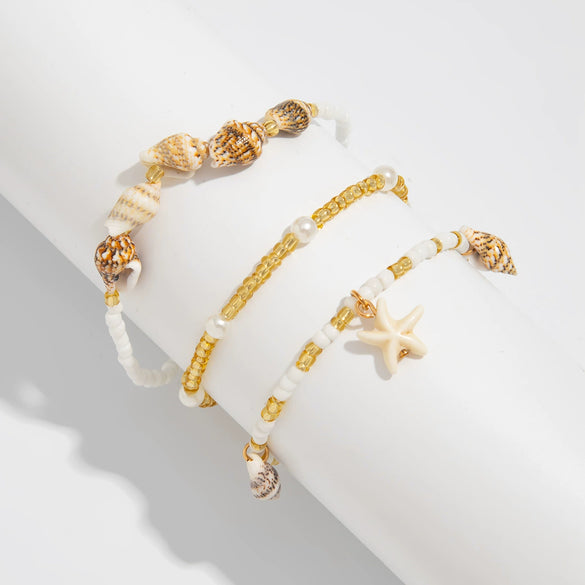 Anklet Natural Shell Starfish Imitation Pearls Animal Zodiac Elastic Rice Beads Casual Style Women's
