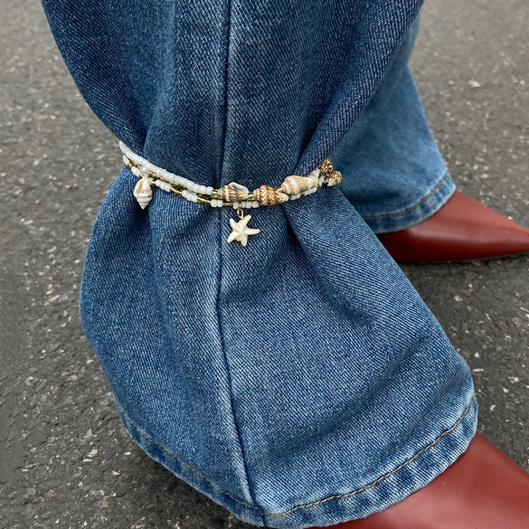 Anklet Natural Shell Starfish Imitation Pearls Animal Zodiac Elastic Rice Beads Casual Style Women's
