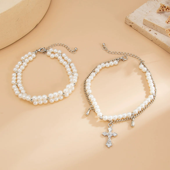 Anklet Plastic Resin Geometric Cross Pendant Tassel Imitation Pearl Beaded